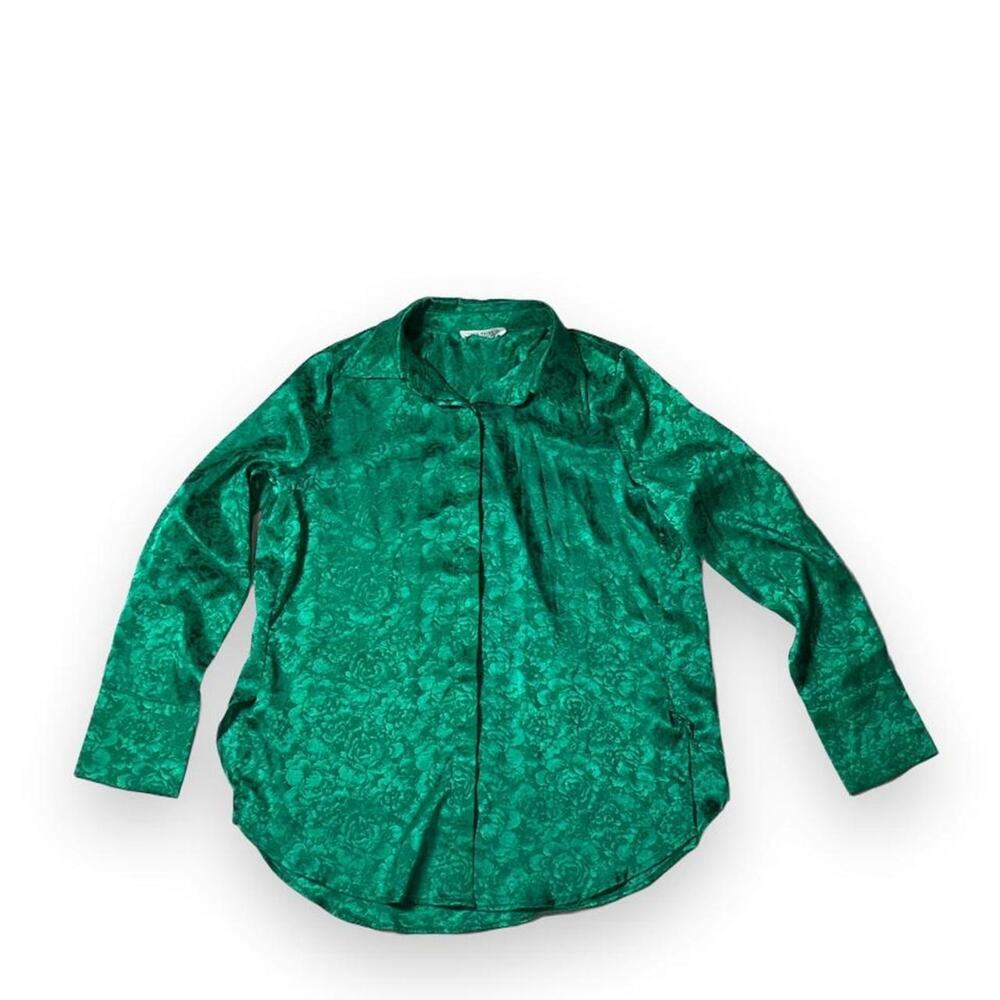 12th Tribe Green Floral Jacquard Satin Button Up Blouse S